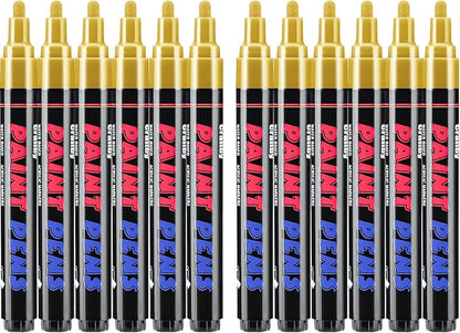 Gold Paint Pens Paint Markers - 12 Pack Permanent Quick Dry Waterproof Marker Pens for Rocks Wood Fabric Plastic Canvas Glass Mugs Metal Tire Stone