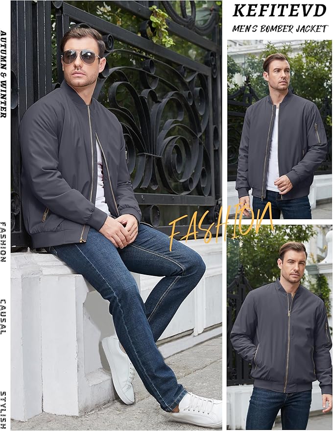 KEFITEVD Men's Jacket Casual Windproof Bomber Jackets Full Zip Windbreaker Warm Winter Padded Coats
