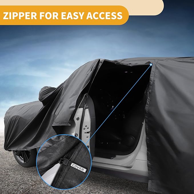Universal Car Cover Waterproof All Weather 210D-PU, UV Sun Rain Protection, Fits for SUV Length 182"-190", with Left Side Zipper, Black