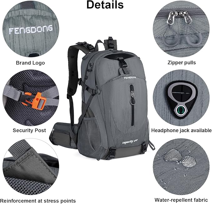 FENGDONG 40L Waterproof Lightweight Hiking,Camping,Travel Backpack for Men Women Gray