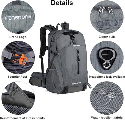 FENGDONG 40L Waterproof Lightweight Hiking,Camping,Travel Backpack for Men Women Gray