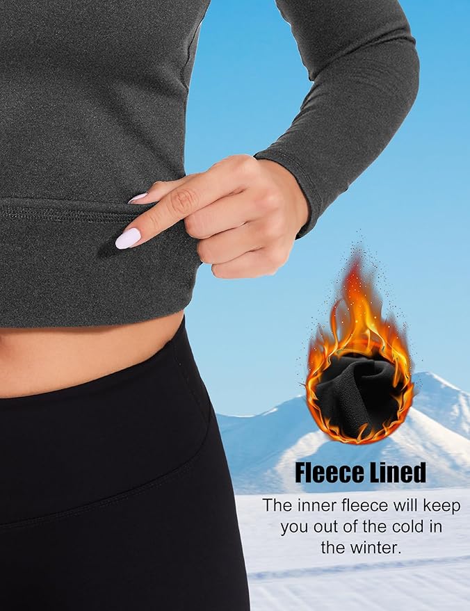Womens Thermal Compression Long Sleeve Shirts Fleece Lined Tops Crew Neck Slim Fit Base Layer Ladies Underwear