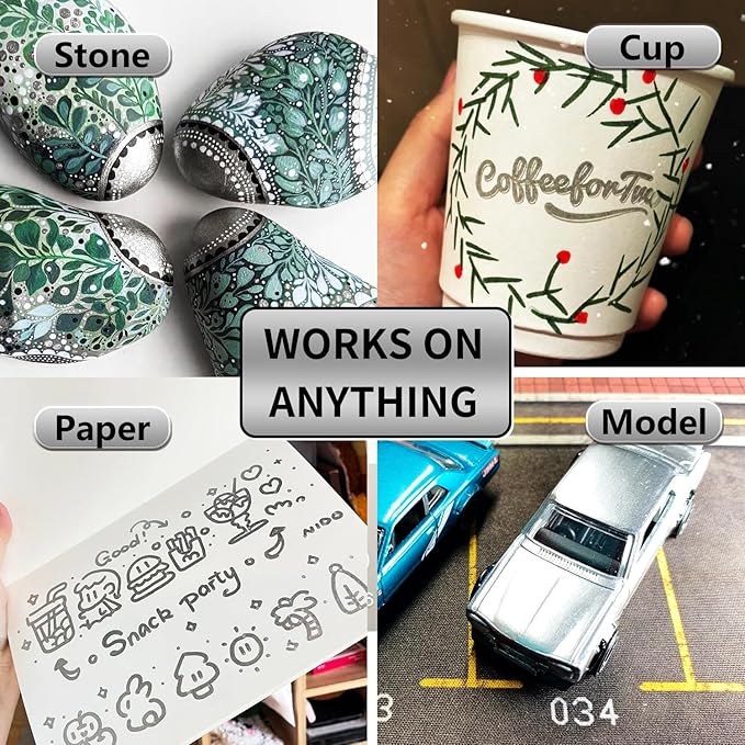 Acrylic Paint Pens Waterproof Markers 6 Silver Permanent Marker Pens Acrylic Pens for Rock Painting Glass Stone Ceramic Metal Fabric Pebble Painting pens Craft Supplies