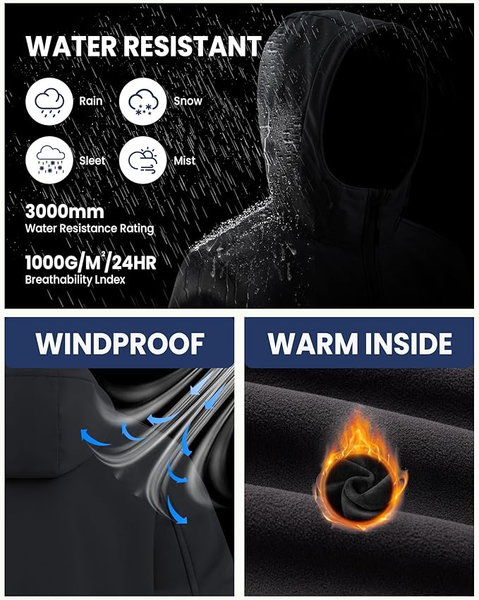 WULFUL Men's Lightweight Softshell Jacket Warm Fleece Lined Windbreaker Waterproof Soft Shell for Outdoor Hiking