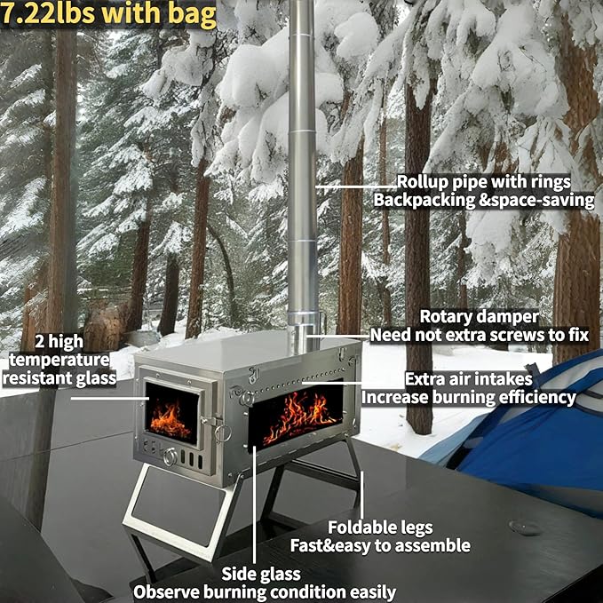DANCHEL OUTDOOR S6/SSG Portable Folding Hot Tent Camping Stove, 304 Stainless Steel Small Tent Wood Stove with 7.2ft Pipe for Winter Survival,Cooking, Backpacking