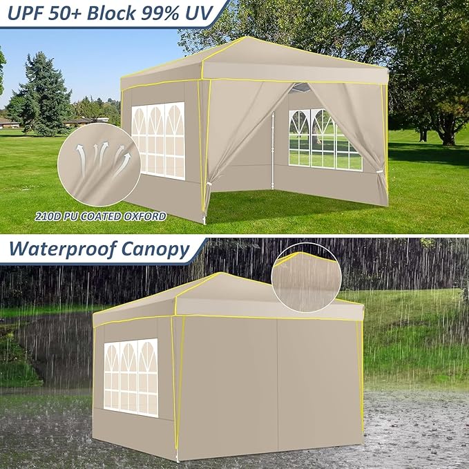 COBIZI 10x10 Pop Up Canopy with 4 Sidewalls, Easy up Canopy for Events, Sports, Beach, Party, Outdoor Party Canopies with 4 Weight Bags, Stakes x4, Ropes x4, Khaki