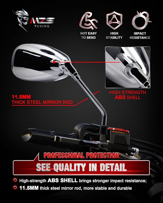 MZS Motorcycle Mirrors Chrome, Universal 10MM 8MM Rear View Side Mirror 360 Degree Adjustable Handlebar Compatible with Street Bike Cruiser Touring Chopper Scooter GY6