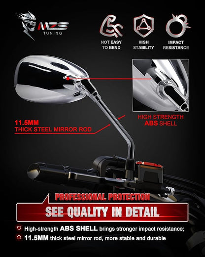 MZS Motorcycle Mirrors Chrome, Universal 10MM 8MM Rear View Side Mirror 360 Degree Adjustable Handlebar Compatible with Street Bike Cruiser Touring Chopper Scooter GY6