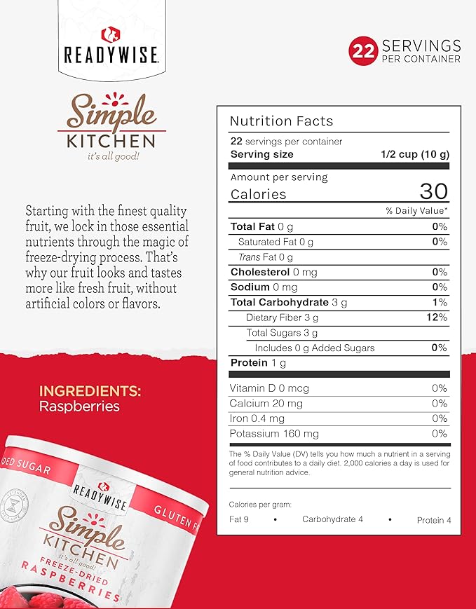 READYWISE - Simple Kitchen Freeze Dried Raspberries, 22 Servings, Vegan, Gluten Free, Healthy Snack, Survival Food, Dried Fruit, Raspberries