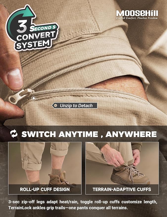 Moosehill Men's-Hiking-Pants Convertible Quick-Dry Water-Resistant Lightweight Zip-Off Outdoor with 5 Deep Pockets