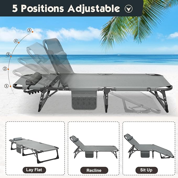 MOPHOTO 5-Position Folding Lounge Chair, Portable Outdoor Chaise Lounge for Sun Tanning, Perfect for Pool, Beach, Patio