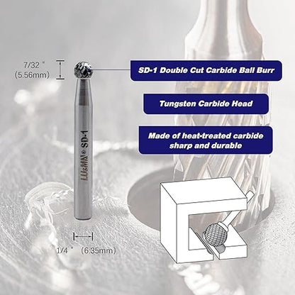SD-1 Tungsten Carbide Burr Ball Shape Double Cut Rotary Burrs File, Used for metalwork, Tool Making, Engineering, Grinding, 4pcs by LU&MN