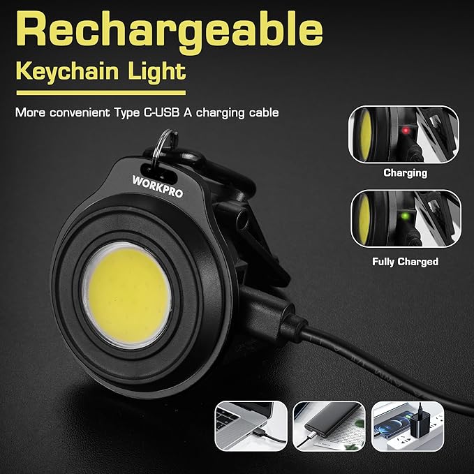 WORKPRO COB Keychain Light, 2Pcs Small Work Keychain Flashlight with Hat Clip, EDC Rechargeable Magnetic 3 Light Modes Carabiner Flashlight for Running, Emergency Hiking and Repairing, Black