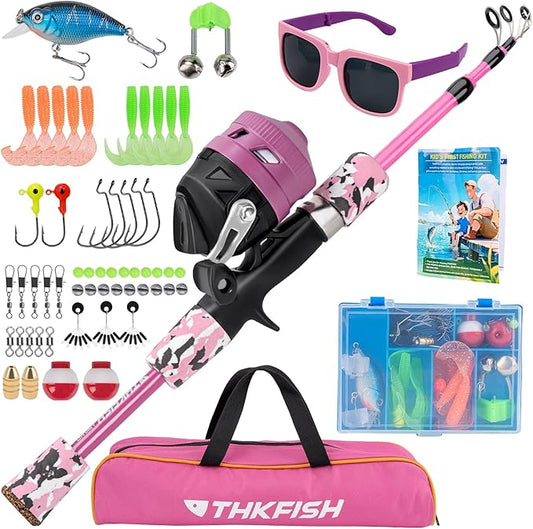 Kids Fishing Pole Set, Telescopic Fishing Rod Reel Combo Kids Starter Kit with Lures Tackle Box, Foldable Stool and Portable Bag for Boys Girls Younth