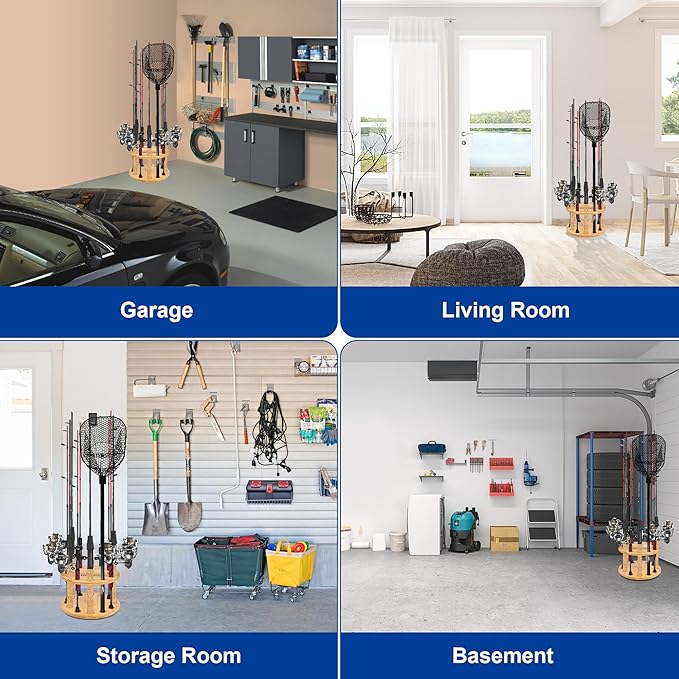 Fishing Rod Holders for Garage 360 Degree Rotating Fishing Pole Rack, Floor Stand Holds up to 12 Rods Bamboo Wood Fishing Gear Equipment Storage Organizer, Fishing Gifts for Men