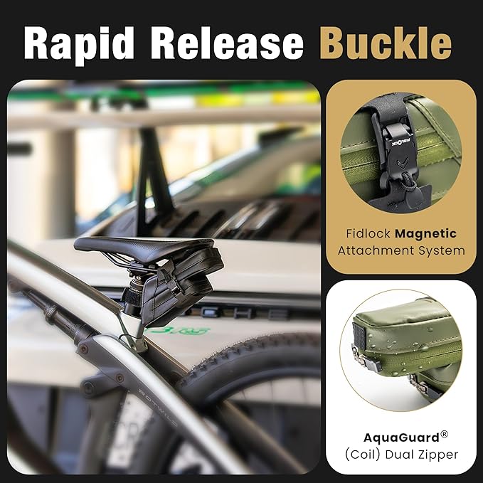 Lumiere & Co. Magnetic Quick-Release Bike Saddle Bag – Double Compartment, Low-Profile Brick Design, Designed with Fidlock's Magnetic Black V Buckle Attachment System, Mach X (Green)