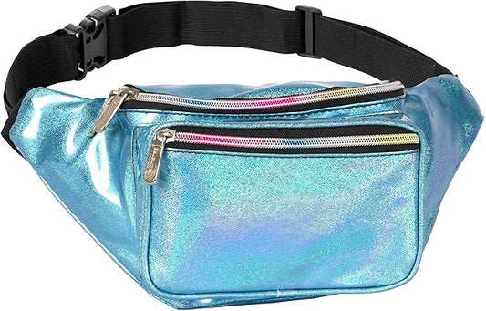 Holographic Fanny Pack Belt bag - Crossbody Waist Bag for Men or Women - Hands-Free, Waterproof Large Bumbag for Hiking, Running, and Travel (Blue Glitter)
