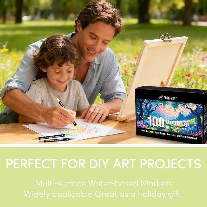 100 Colors Acrylic Paint Markers, Dual Tip with Fine Tip and Brush Tip Pens for Stone, Wood, Calligraphy, Canvas, Ceramic, Metal, Glass, Rock Painting, DIY Crafts Art Supplies Kit