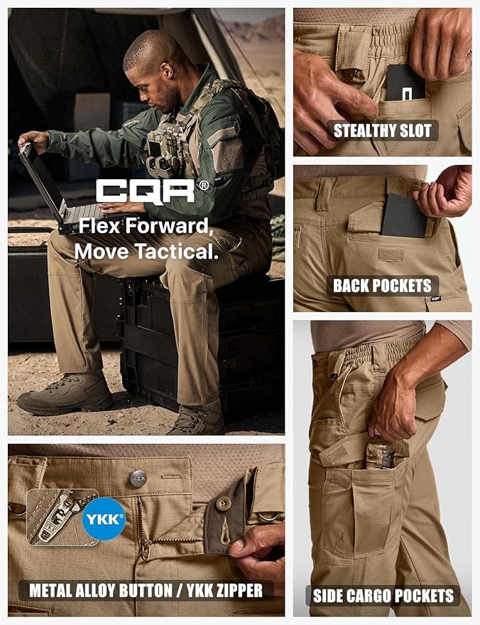 CQR Men's Flex Stretch Tactical Pants, Water Resistant Ripstop Cargo Pants, Lightweight EDC Outdoor Work Hiking Pants