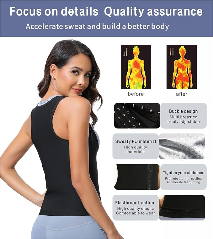 Women's Sauna Vest Waist Trainer, Adjustable Workout Sweat Shaper Shirt, Tummy Control Tank Top for Gym Yoga Running