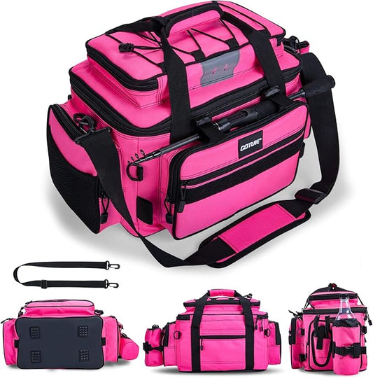 Goture Fishing Tackle Bag, Store Up to 4PCS 3700 Plus 2PCS 3600 Tackle Trays(Not Included), 600D Soft Side Gear Fishing Bag with Rod Straps,Detachable Water Bottle Pouch,Waterproof Bottom,SBS Zippers