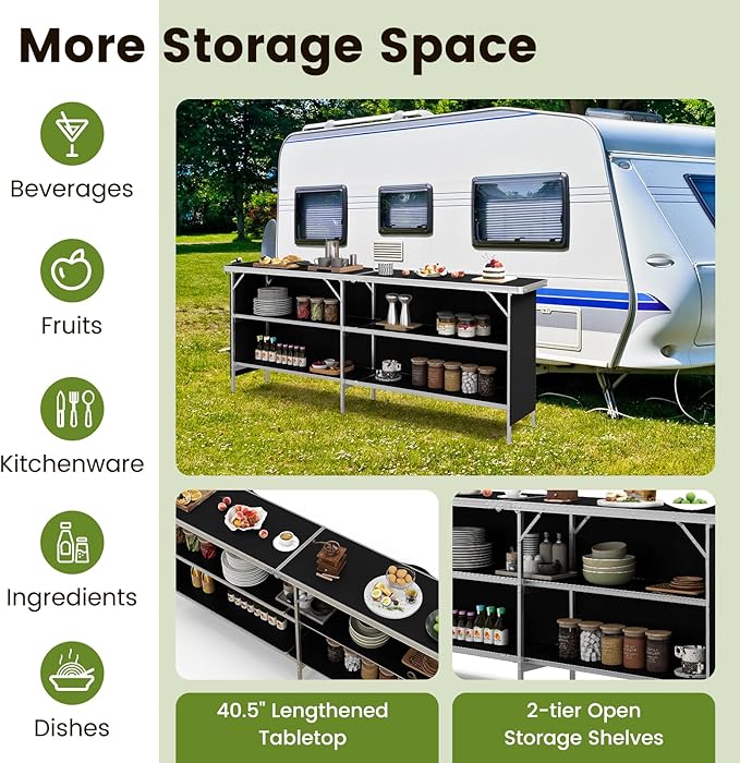 GOFLAME Folding Camping Table, Aluminum Portable Picnic Table w/ 2-Tier Open Shelves & Spacious Tabletop, Carrying Bag Included, Outdoor Large Kitchen Table for Picnic, BBQ, Party, Backyard (Black)