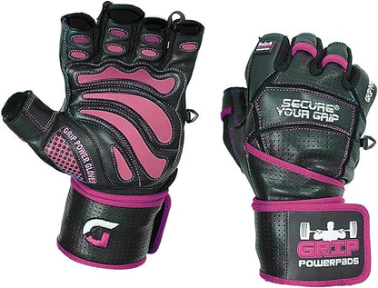 Grip Power Pads Leather Gym Gloves for Women – Built-in 2" Wrist Wraps, Pink Weightlifting, Powerlifting, Bodybuilding Workout