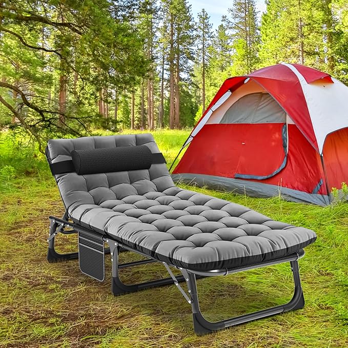 LILYPELLE Adjustable 4-Position Camping Cot, 500lbs, Folding Chaise with Pillow, Outdoor Portable Furniture for Adults, Cot Bed for Camping, Pool, Beach, Patio