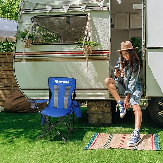 Nazhura 4 Pack Outdoor Camping Chairs Folding/Foldable/Portable with Cooler Pouch, Mesh Backrest and Cup Holder Pocket(Blue, 4 Pack)