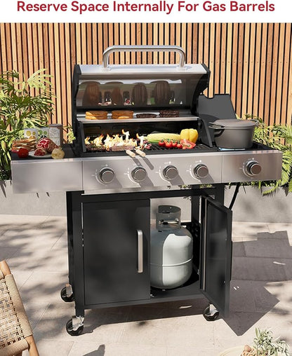 Aoxun 4-Burner Propane Gas BBQ Grill with Side Burner, 49000 BTU, Stainless Steel Outdoor Grill with Cast Iron Grates & Side Tables for Backyard, Patio, Camping