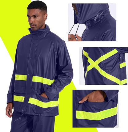 Hi-Vis Rain Jacket for Men – Waterproof Work Safety Coat with Reflective Strips, EN 343 Certified, Durable PU