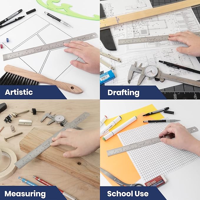 2 Pack Pacific Arc 12 Inch Stainless Steel Ruler with Inch/Metric Conversion Table