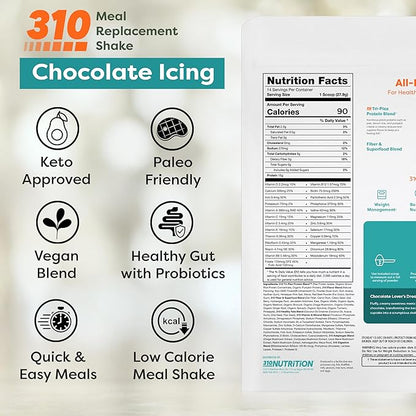 310 Nutrition All-In-One Meal Replacement Shake Powder - Plant-Based Protein Smoothie Blend w/High Fiber, Probiotics & Adaptogens - Low Carb, Vegan, Keto & Paleo Friendly - Chocolate Icing - 14 Srv