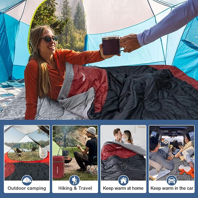 Double Sleeping Bag for Adults Machine Washable 2 Person Camping Sleeping Bag Queen Size Waterproof with Compression Sack for Cold Weather 3-4 Seasons