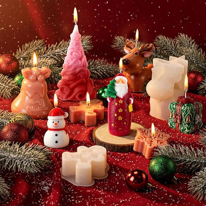LemonRoad 8 Pcs 3D Christmas Candle Mold Set Silicone Soap Epoxy Resin Wax Mold 3D Christmas Tree, Santa, Elk, Snowman for Candle Resin Soap Craft Cake Chocolate Making Kit for Xmas Gift Party Decor
