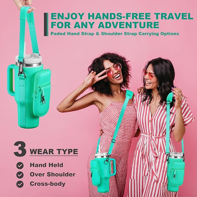 Water Bottle Carrier Bag with Phone Pocket for Stanley 40 & 30 oz Tumbler with Handle,Pink Insulated Neoprene Cup Holder Pouch w/Adjustable Strap for Quencher H2.0 Stanley Cup Accessories