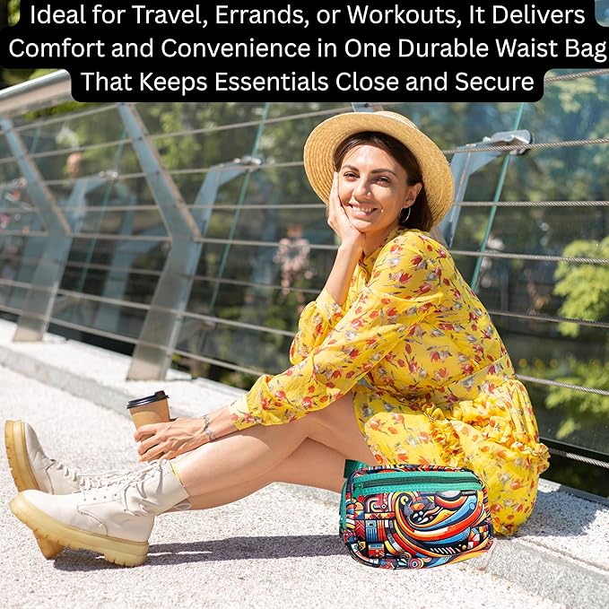 Yewande&co Neoprene Fanny Pack Belt Bag – Lightweight Waterproof Waist Bag with Adjustable Strap, 3 Zippered Pockets, Crossbody Belt Bag for Travel, African Design Crossbody Bags (Oceans)