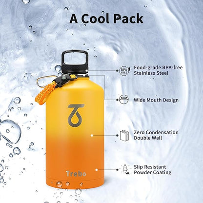 Trebo 128 oz 1 Gallon Water Bottle Insulated with Paracord Handle and Straw,Vacuum Stainless Steel Large Water Jug Keep Cold 48 Hours,Water Flask with 3 Lids for Men Women Sports,Gym, Orange