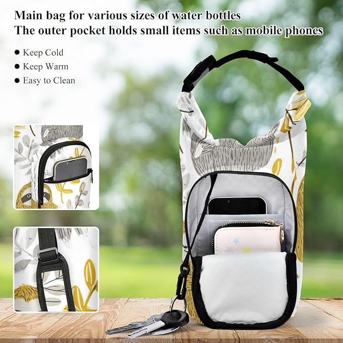 Cartoon Sloths Leaves White Water Bottle Holder with Strap Insulated Water Bottle Carrier Crossbody Bags Pouch with Phone Pocket for Travel Gym Hiking Walking Running