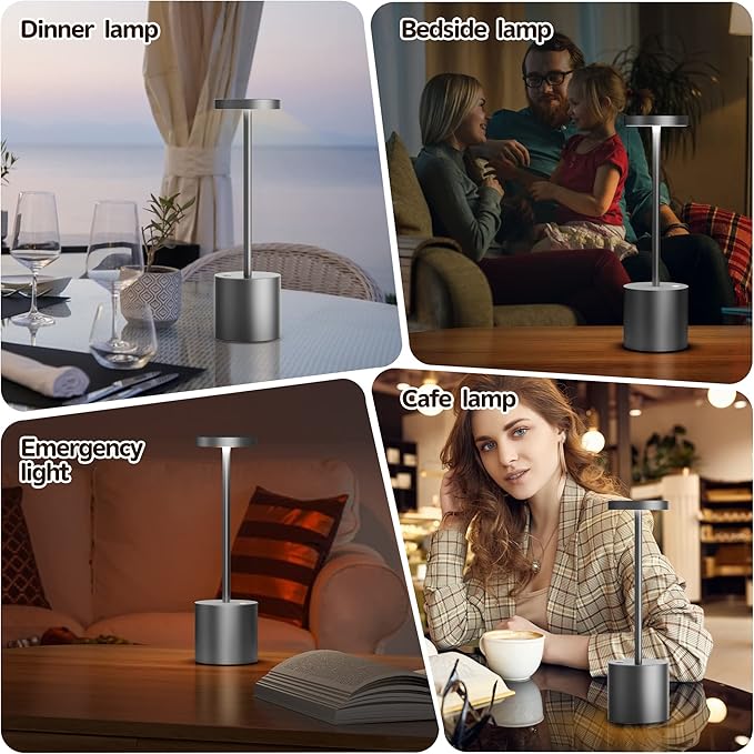 2Pack Cordless Table Lamp, Rechargeable LED Battery 5000mAh Metal USB Portable Powered Desk Lamp, 3 Levels Brightness Light for Restaurants Outdoor (2pack 10.25in Grey)