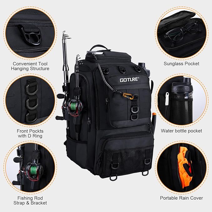 Goture 40L Fishing Tackle Backpack with Cooler and 2 3600 fishing tackle trays, 900D Water-Resistant Tackle Backpack with Removable Bait Binder, 2 Rod Holders and Rain Cover, Black fishing bag