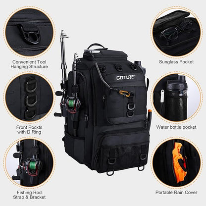 Goture 40L Fishing Tackle Backpack with Cooler and 2 3600 fishing tackle boxes, 900D Water-Resistant Tackle Backpack with Removable Bait Binder, 2 Rod Holders and Rain Cover,Black backpack