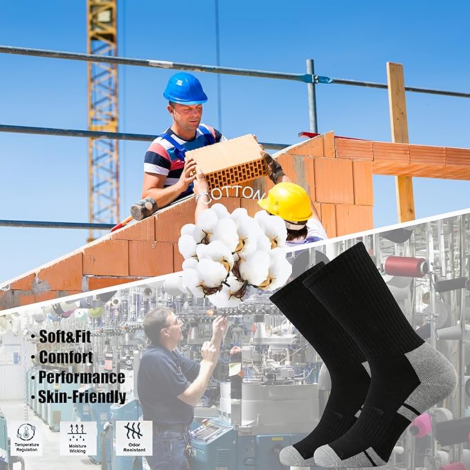 Ortis Men's Cotton Cushion Crew Socks Moisture Wicking Breathable Thick Warm Thermal for Athletic Heavy Duty Work Boot