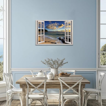 ANRUOXI Beach Pictures Wall Art Decor for Living Room, Blues Ocean Painting Decor for Bedroom, White Window Frame Style Sunset Sea Canvas Wall Decor, Coastal Landscape Artwork for Office 24x36 Inch