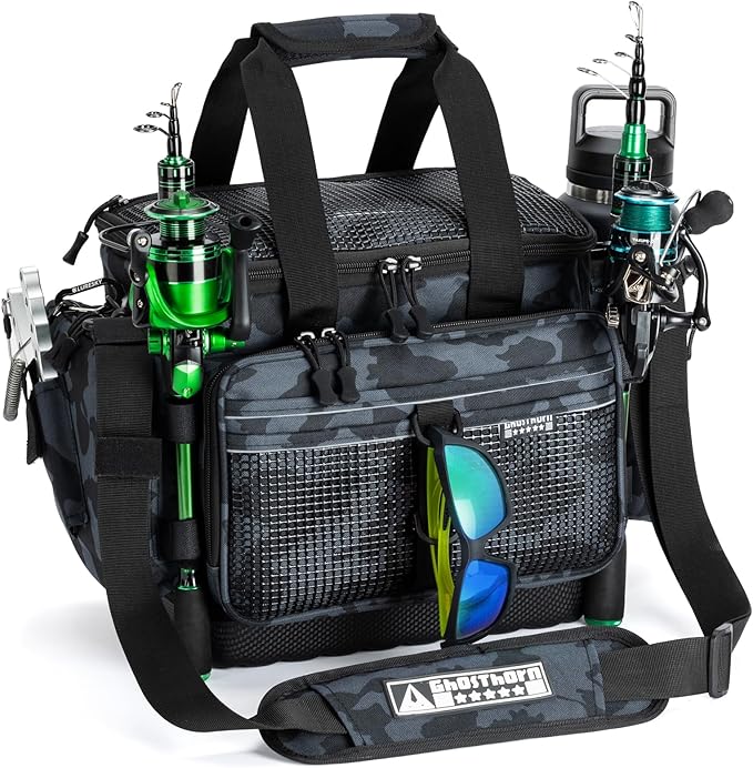 Ghosthorn Fishing Tackle Bag with Rod Holder Saltwater & Freshwater Resistant Large Tackle Box Bag - Waterproof Base, Adjustable Padded Shoulder Strap (Black Camouflage)