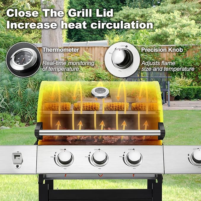 MELLCOM Upgraded 36,000 BTU Stainless Steel Burner Propane Grill, 3 Burner BBQ Barbecue Gas Grill with Cast Iron Grates & Side Stove for Patio, Camping, Outdoor Cooking