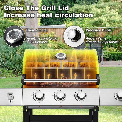 MELLCOM Upgraded 36,000 BTU Stainless Steel Burner Propane Grill, 3 Burner BBQ Barbecue Gas Grill with Cast Iron Grates & Side Stove for Patio, Camping, Outdoor Cooking