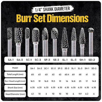 10Pcs Tungsten Carbide Burr Set 6.35mm - 1/4" Shank Double Cut Die Grinder Bits Cutting Burrs - Metal, Steel - Rotary Tools Rasp Accessories - Deburring, Engraving, Grinding, Carving, Porting