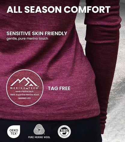 Merino Wool Base Layer Women - 100% Merino Wool Shirt Women Thermal Underwear Long Sleeve T-Shirt for Hiking