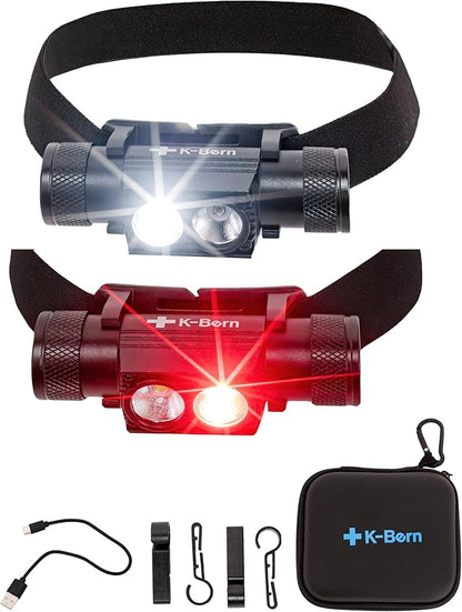 K-Bern Red & White Rechargeable Headlamp.1000 Lumen, UL Approved 2600 mAh Battery, Super Bright Head Lights Waterproof, Lightweight Aluminum, Perfect for Work, Dog Walking, Camping & Hiking